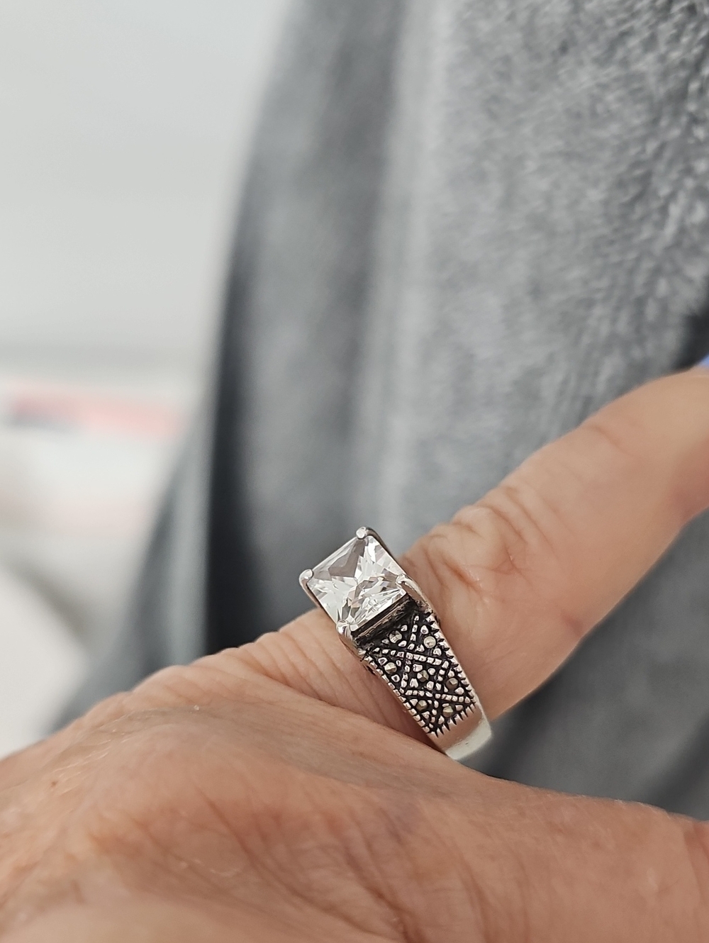Silver Marcasite Ring with Clear Rectangular Stone